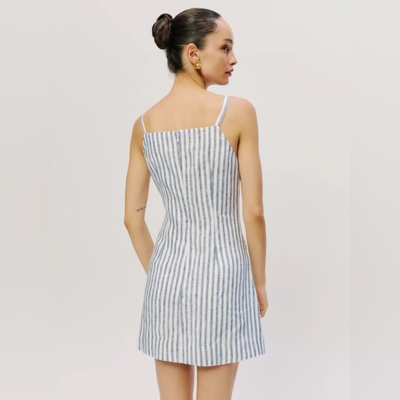 NEW Reformation Phillipa Linen Mini Dress in Antibes Stripe Blue White  | sz 4 - Picture 5 of 12